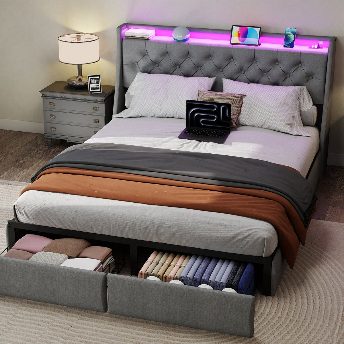 Button-Tufted Upholstered Storage Bed with Drawers, RGB LED Lights and Charging Station - Sonkuki