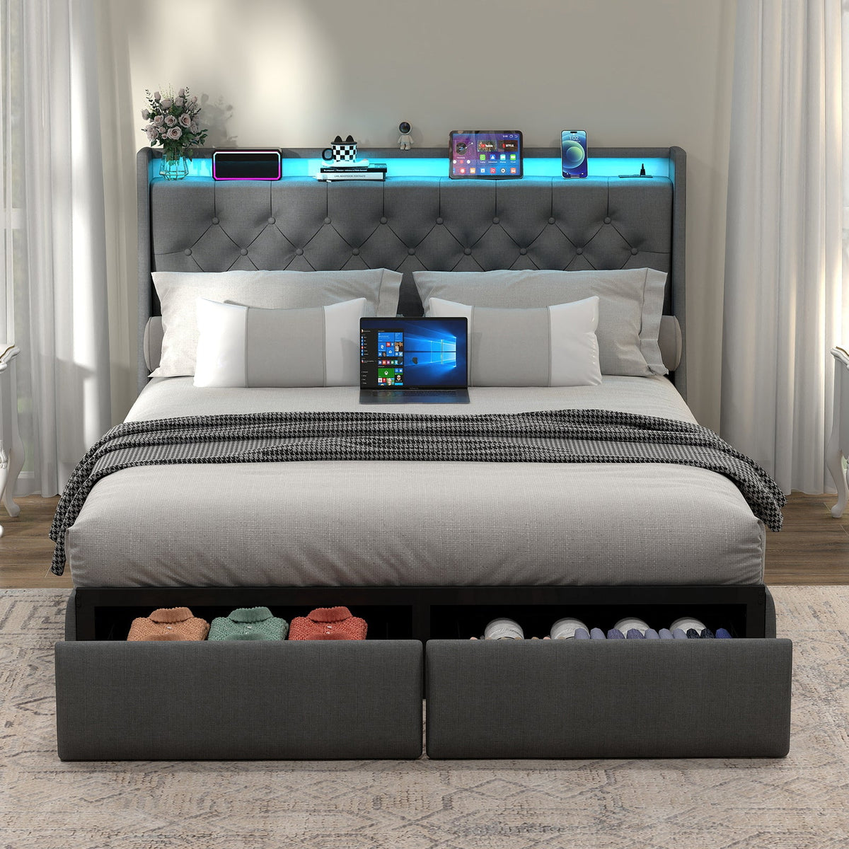 Button-Tufted Upholstered Storage Bed with Drawers, RGB LED Lights and Charging Station - Sonkuki
