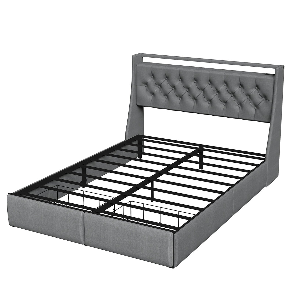 Button-Tufted Upholstered Storage Bed with Drawers, RGB LED Lights and Charging Station - Sonkuki