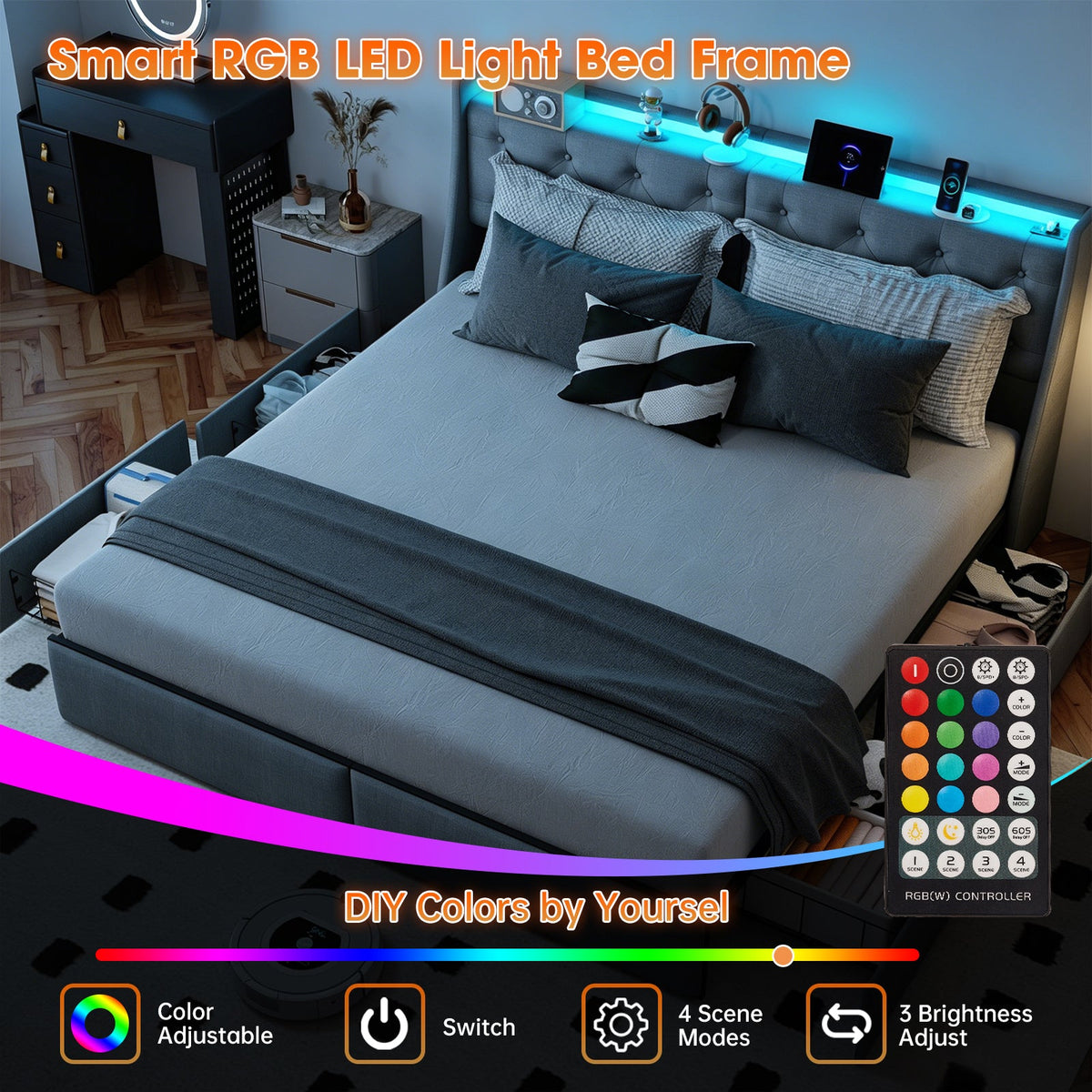 Button-Tufted Upholstered Storage Bed with Drawers, RGB LED Lights and Charging Station - Sonkuki