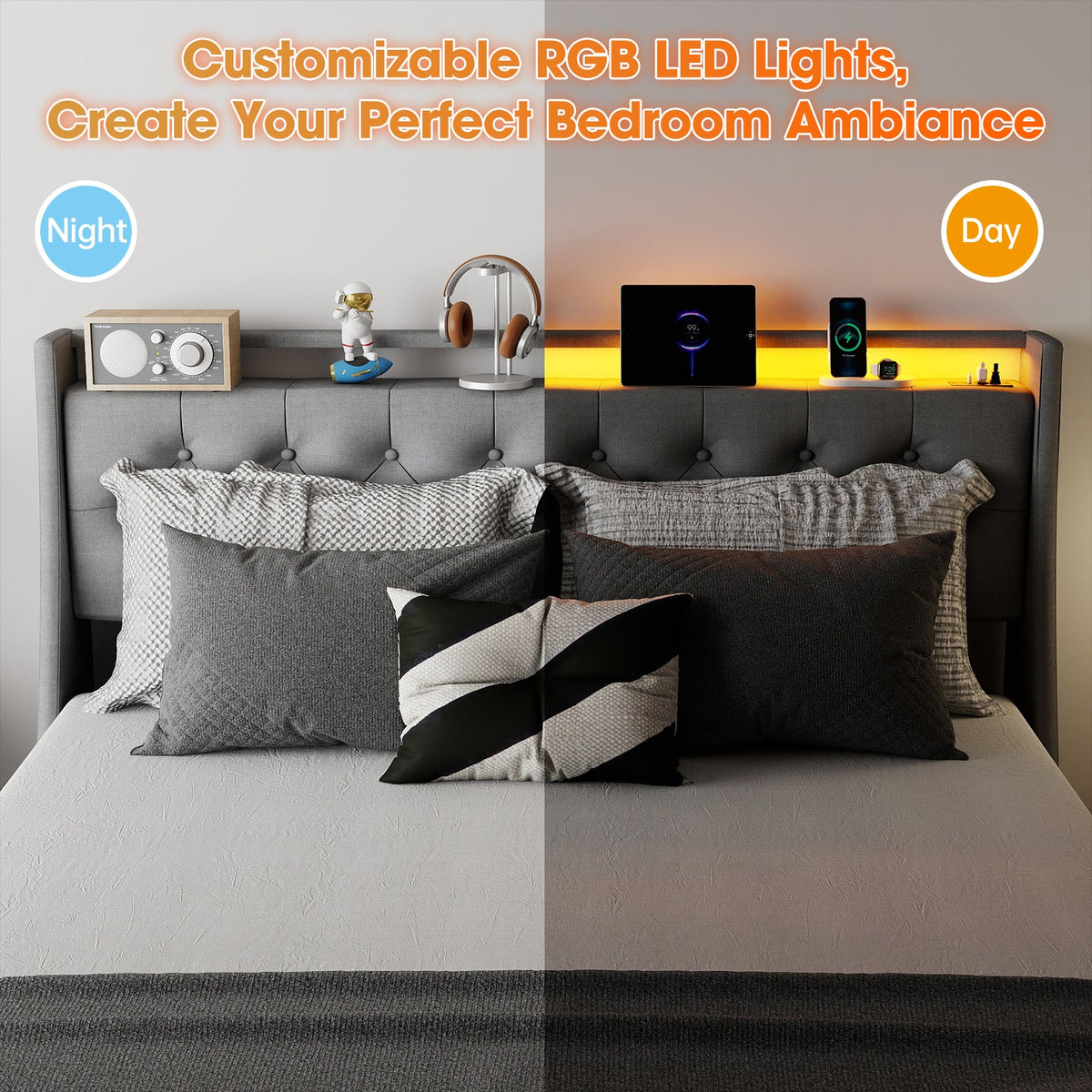 Button-Tufted Upholstered Storage Bed with Drawers, RGB LED Lights and Charging Station - Sonkuki