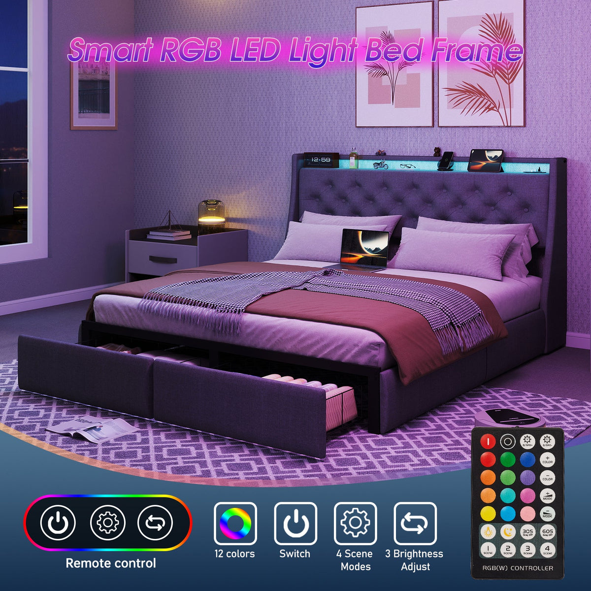 Button-Tufted Upholstered Storage Bed with Drawers, RGB LED Lights and Charging Station - Sonkuki