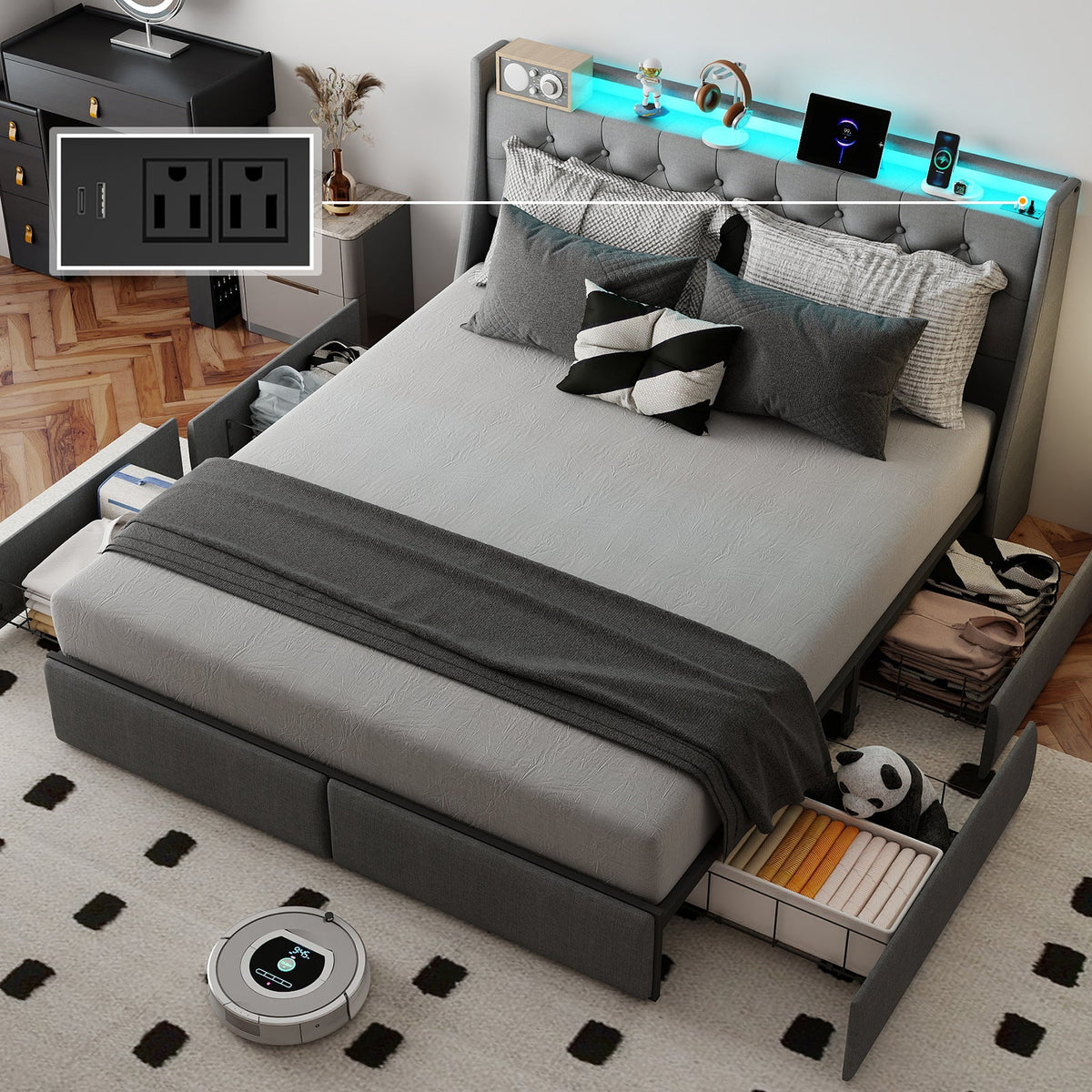 Button-Tufted Upholstered Storage Bed with Drawers, RGB LED Lights and Charging Station - Sonkuki