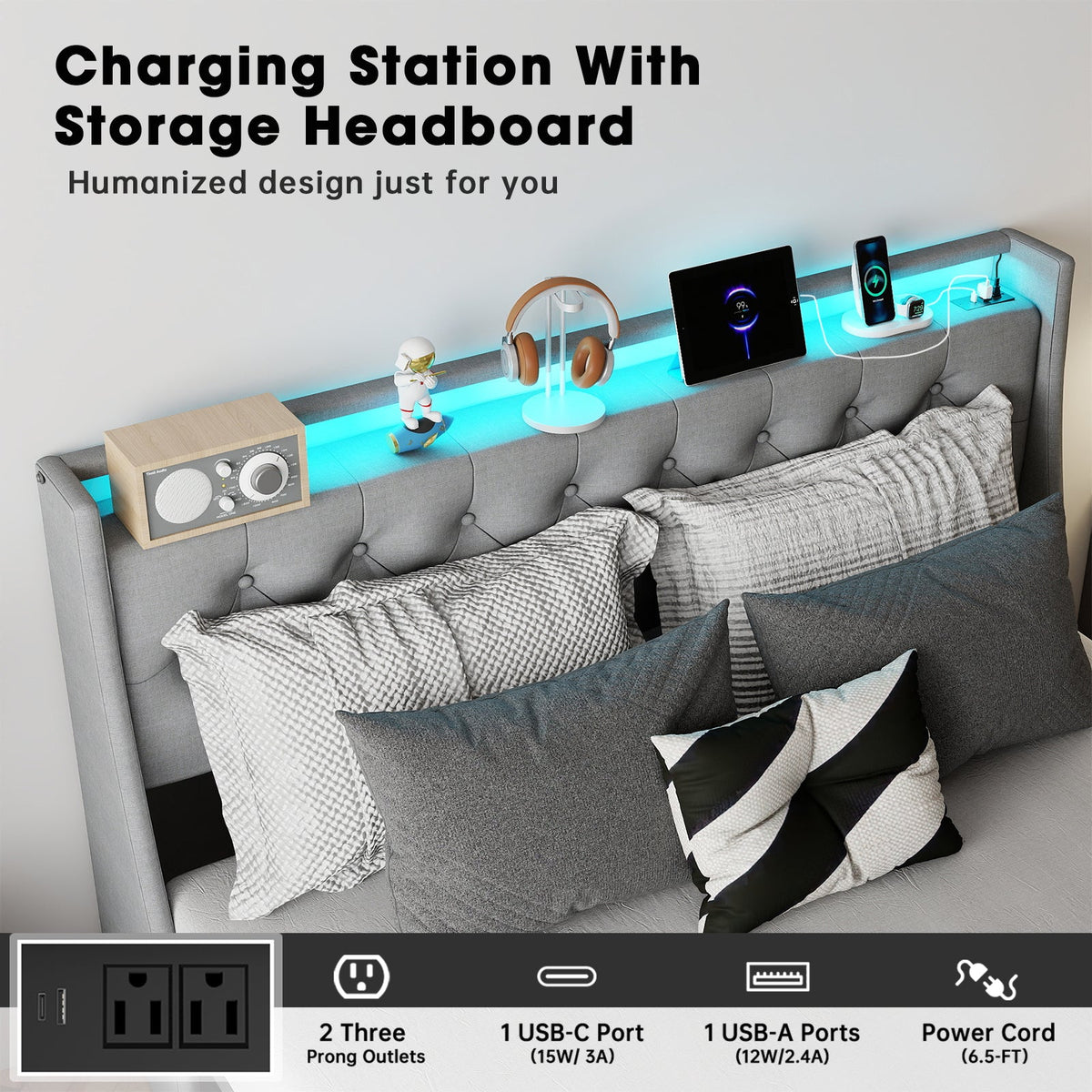 Button-Tufted Upholstered Storage Bed with Drawers, RGB LED Lights and Charging Station - Sonkuki