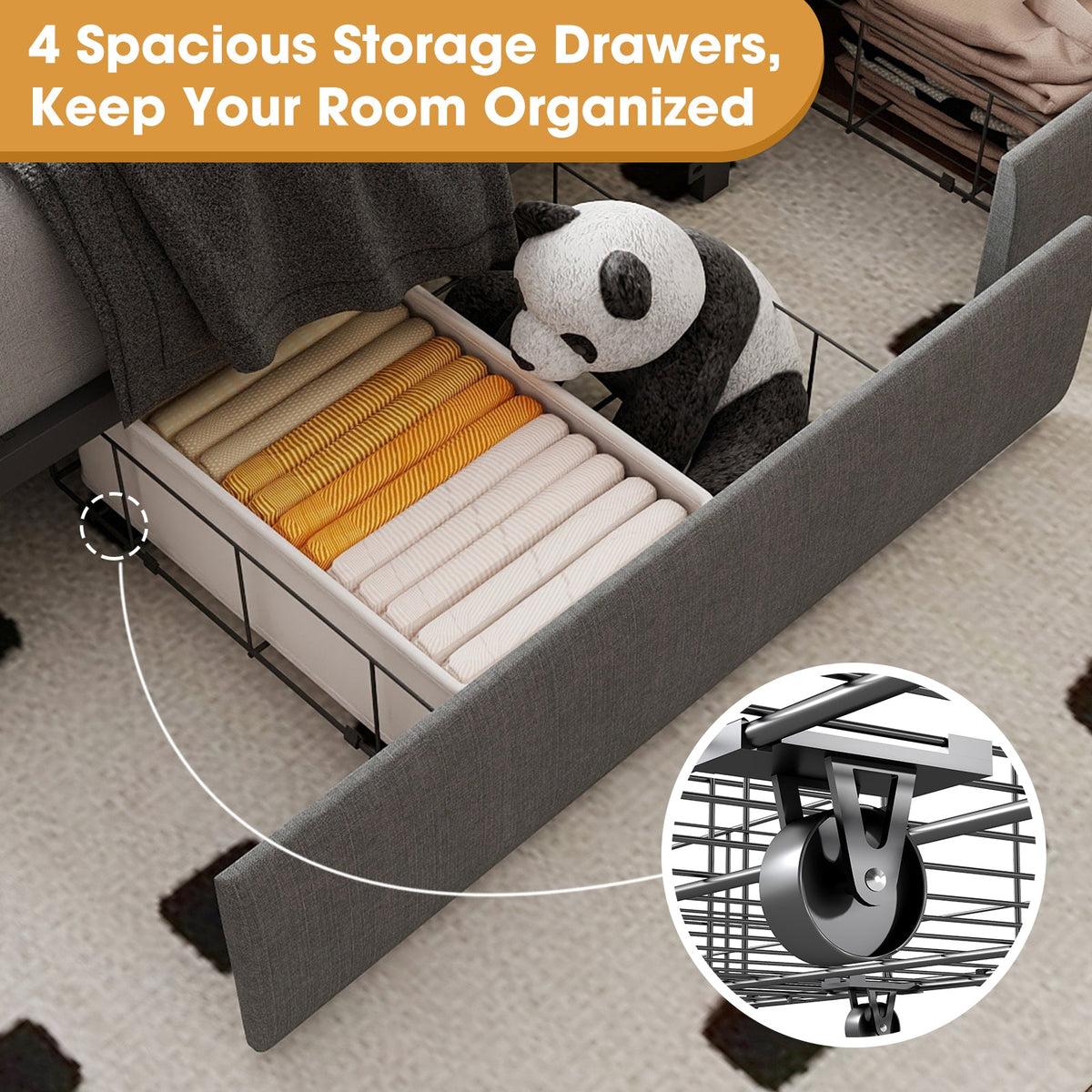 Button-Tufted Upholstered Storage Bed with Drawers, RGB LED Lights and Charging Station - Sonkuki