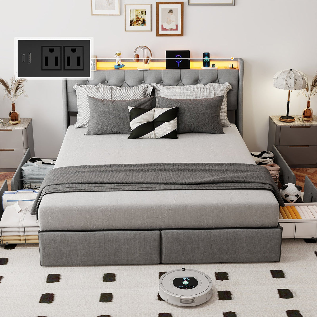 Button-Tufted Upholstered Storage Bed with Drawers, RGB LED Lights and Charging Station - Sonkuki