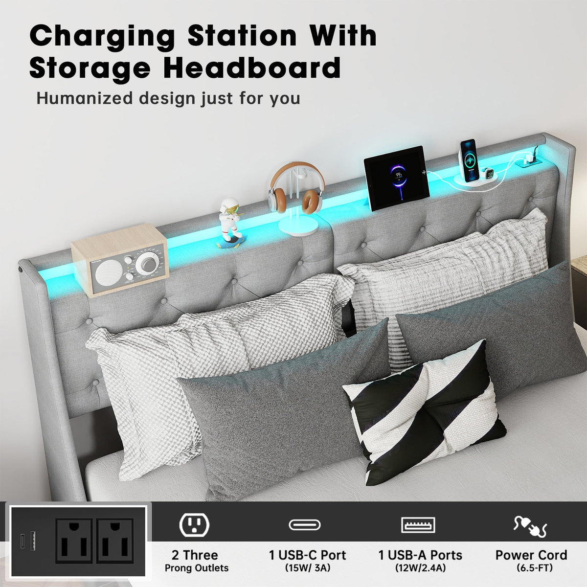 Button-Tufted Upholstered Storage Bed with Drawers, RGB LED Lights and Charging Station - Sonkuki