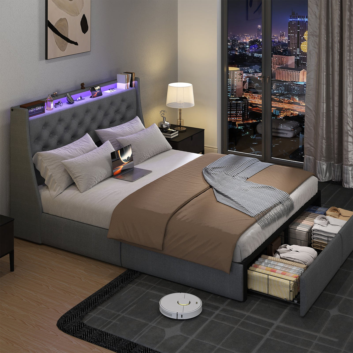 Button-Tufted Upholstered Storage Bed with Drawers, RGB LED Lights and Charging Station - Sonkuki