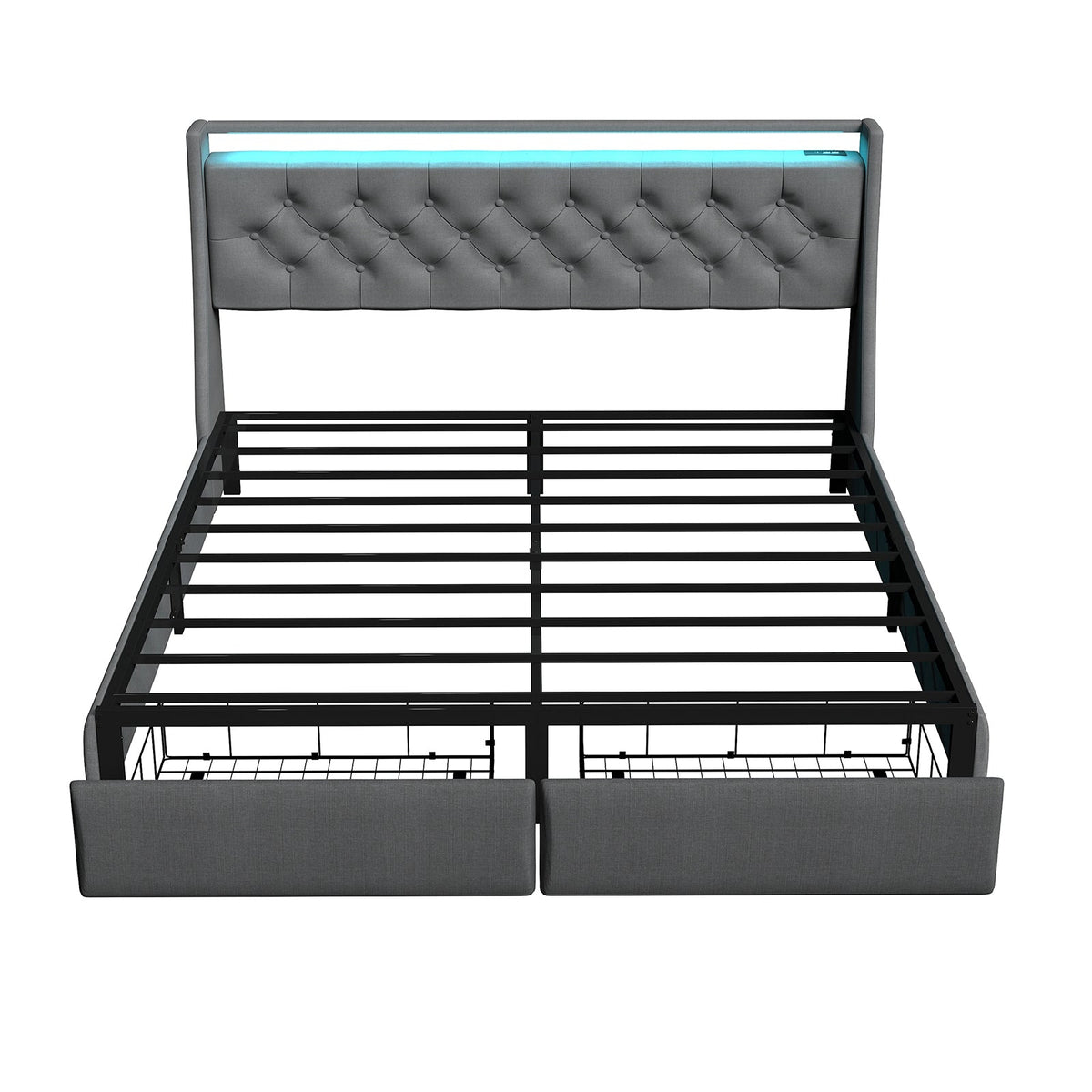 Button-Tufted Upholstered Storage Bed with Drawers, RGB LED Lights and Charging Station - Sonkuki