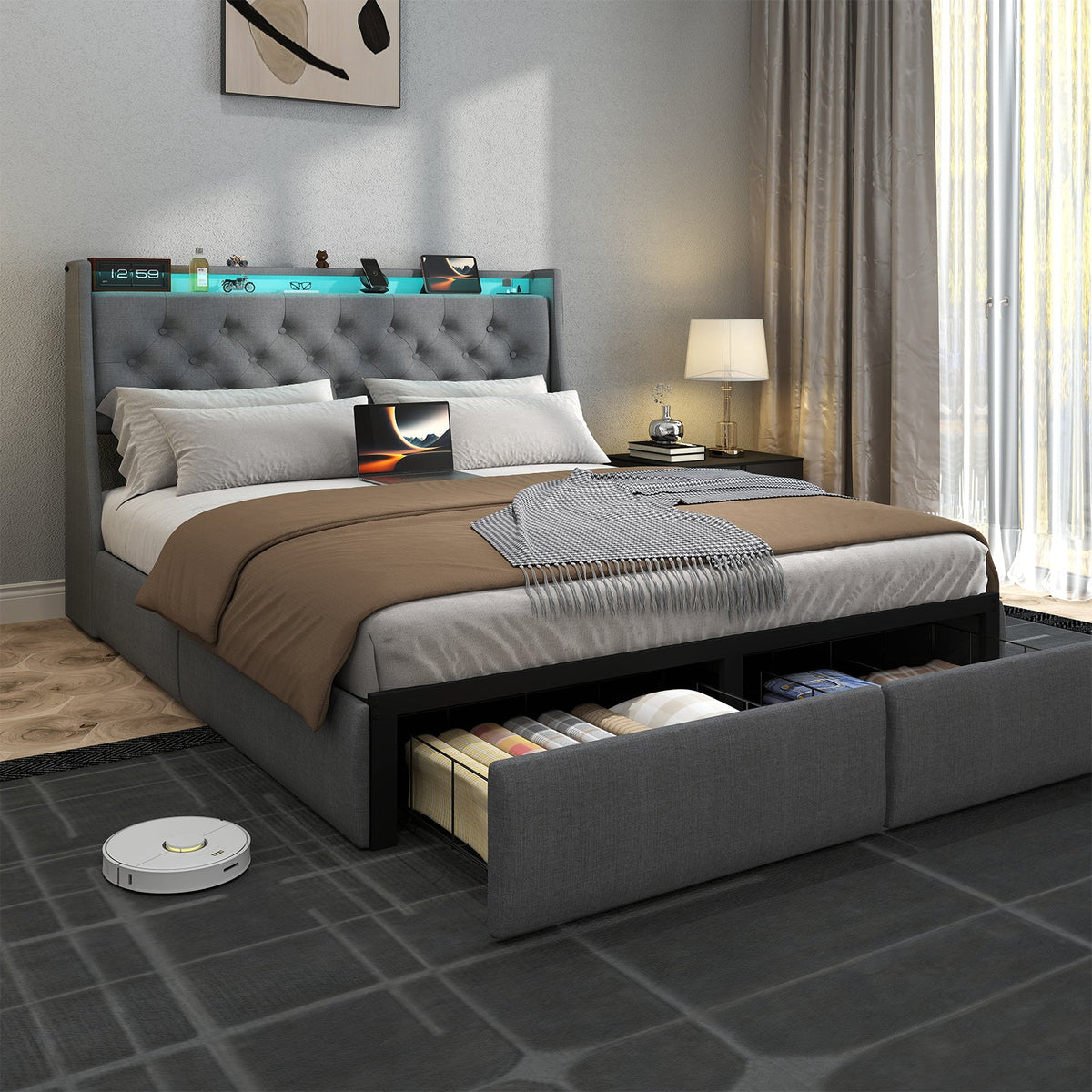 Button-Tufted Upholstered Storage Bed with Drawers, RGB LED Lights and Charging Station - Sonkuki