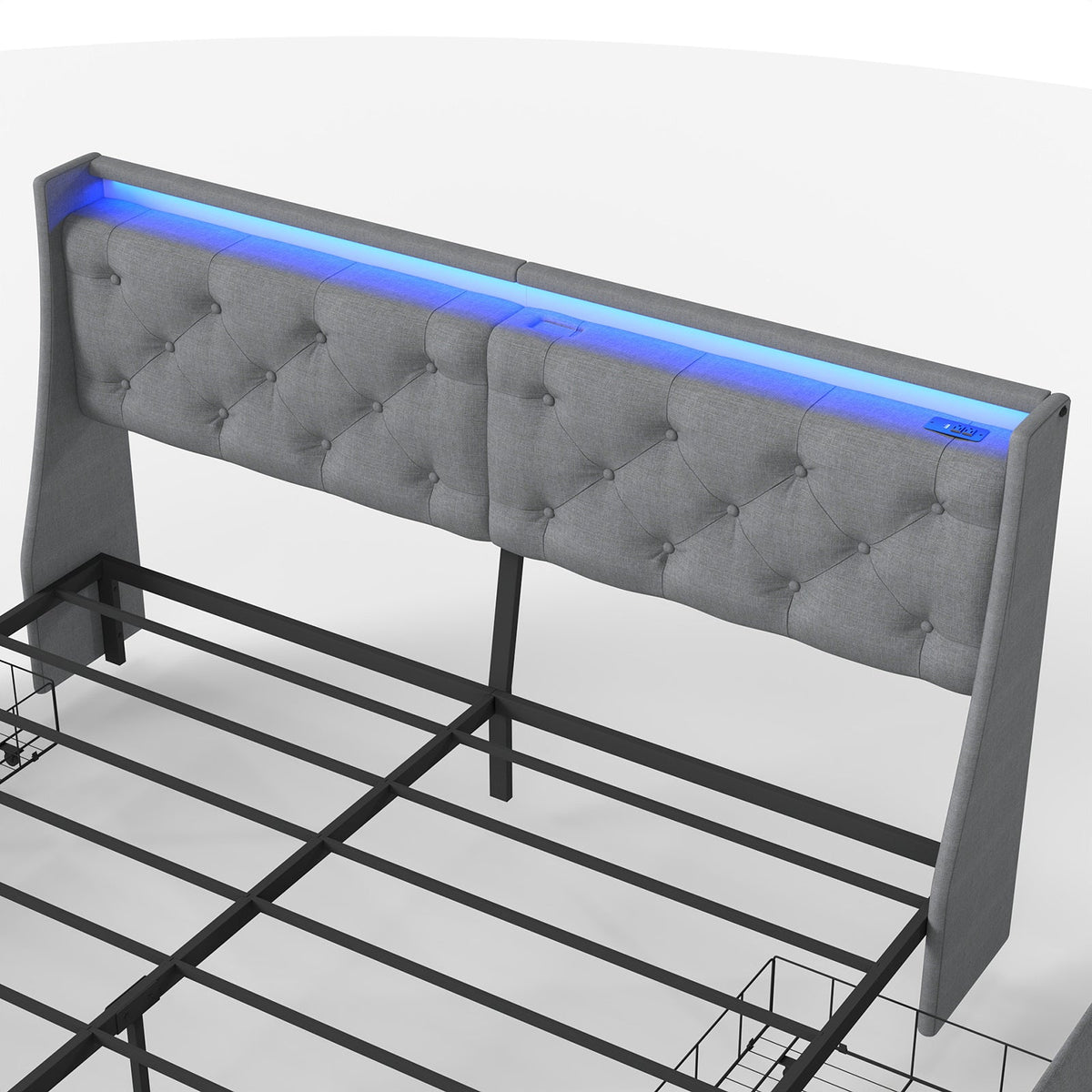 Button-Tufted Upholstered Storage Bed with Drawers, RGB LED Lights and Charging Station - Sonkuki