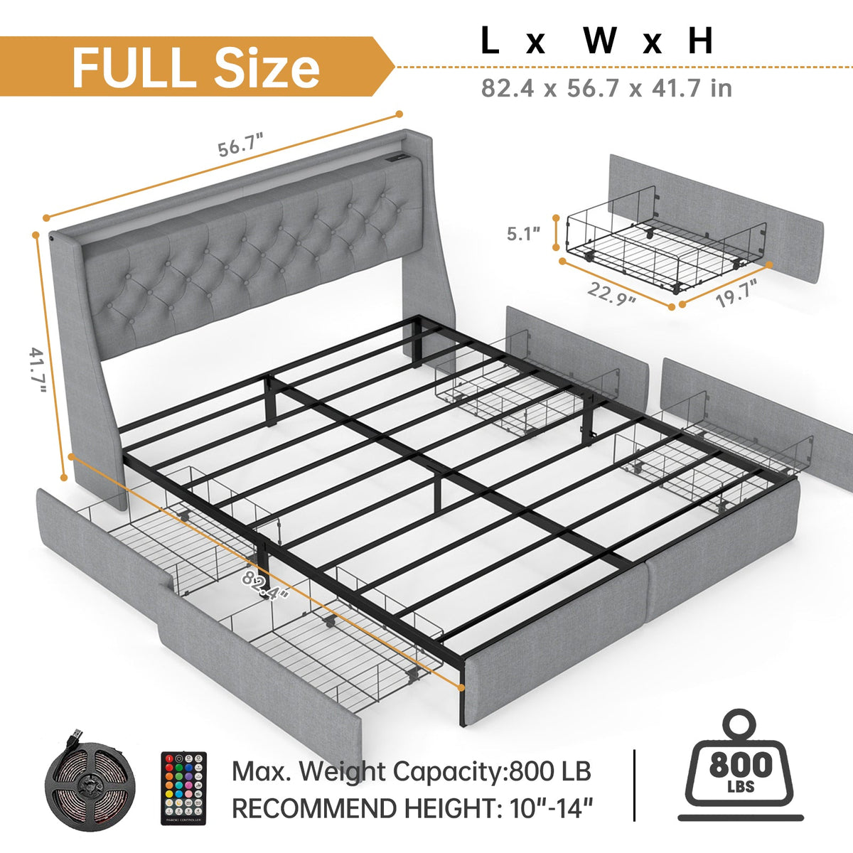 Button-Tufted Upholstered Storage Bed with Drawers, RGB LED Lights and Charging Station - Sonkuki
