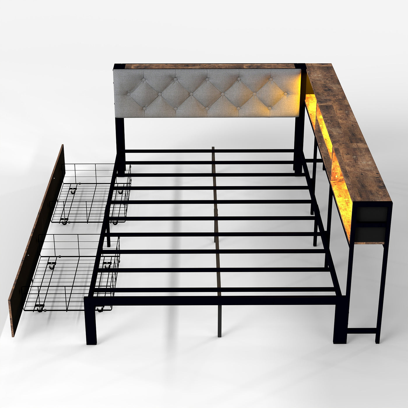 Corner Daybed with Upholstered Headboard, Bookcase, Two Drawers, RGB LED Lights and Charging Station - Full / Dark Gray Wood Grain