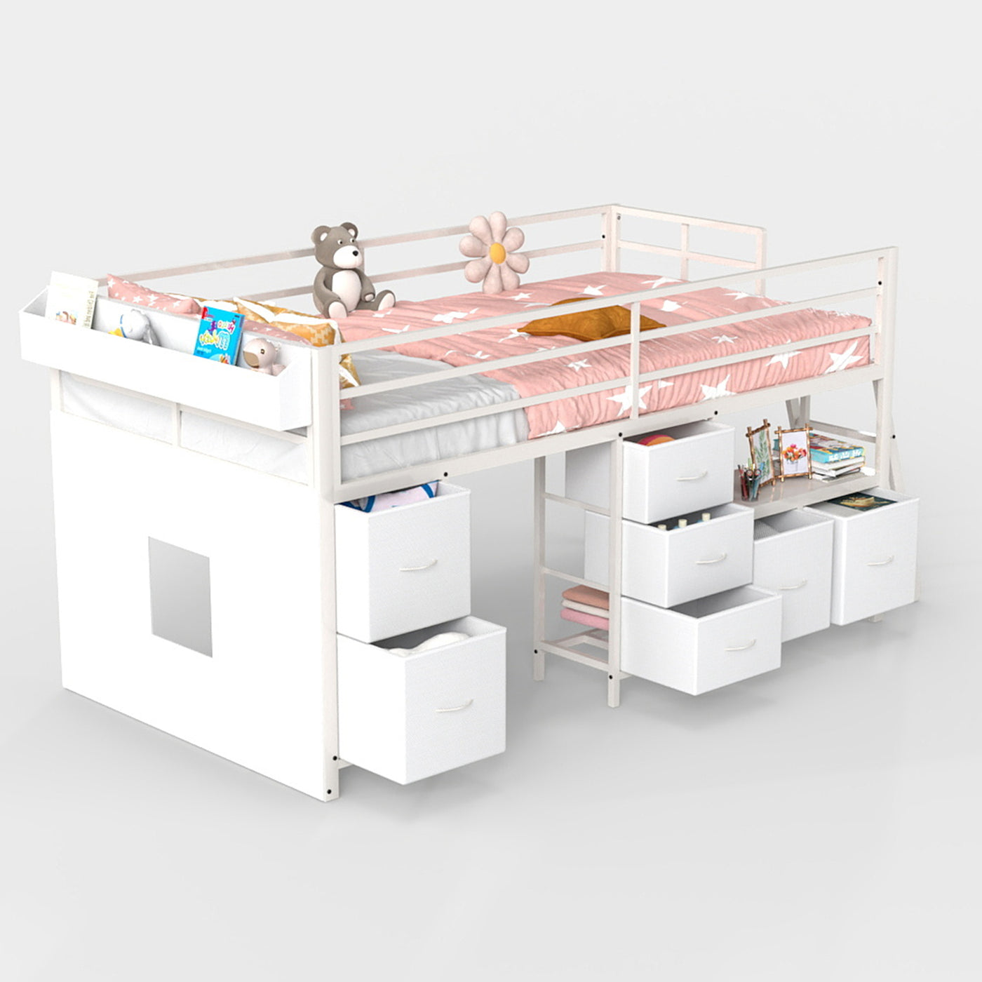 Twin Kids Twin Low Loft Bed with Seven Drawers, Bookcase, RGB LED Lights and Under-Bed Play Area - main product image