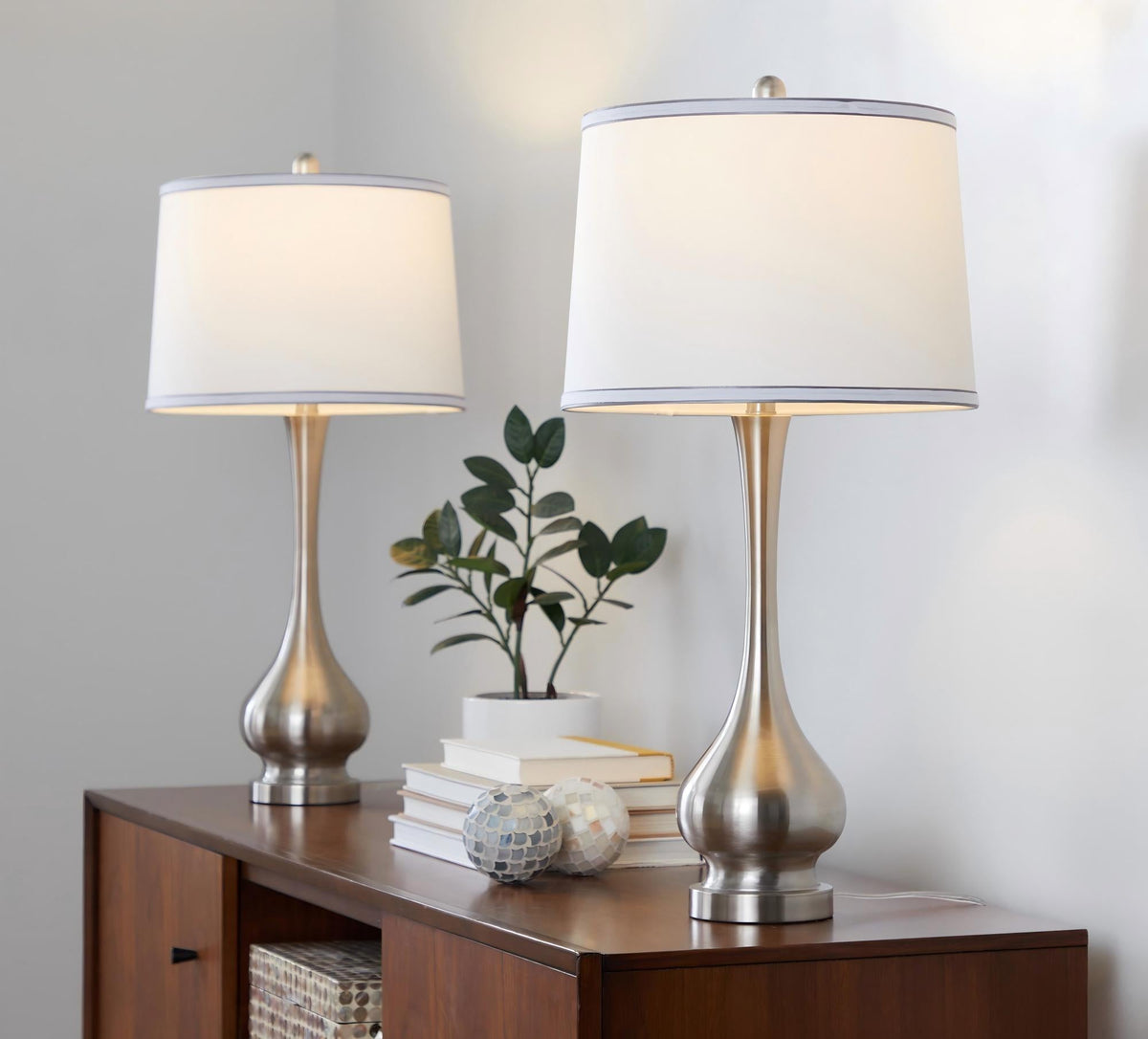 Cairo 28" Contemporary Metal Table Lamp in Brushed Nickel and White Linen Shade with Silver Trim from Grandview Gallery by LumiSource - Set of 2 - Sonkuki
