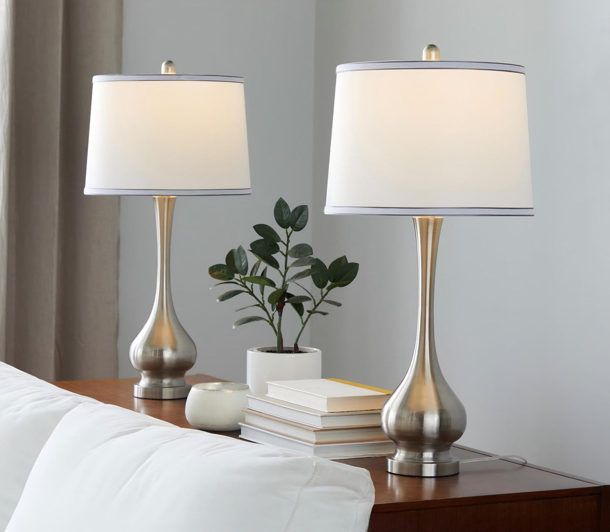 Cairo 28" Contemporary Metal Table Lamp in Brushed Nickel and White Linen Shade with Silver Trim from Grandview Gallery by LumiSource - Set of 2 - Sonkuki
