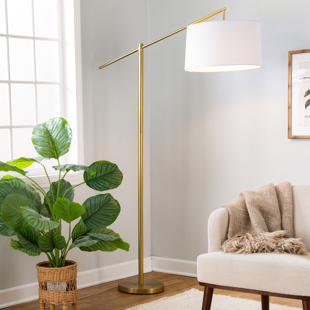 Casper 69" Contemporary Metal Floor Lamp in Gold Metal with Off-White Linen Shade from Grandview Gallery by LumiSource - Sonkuki