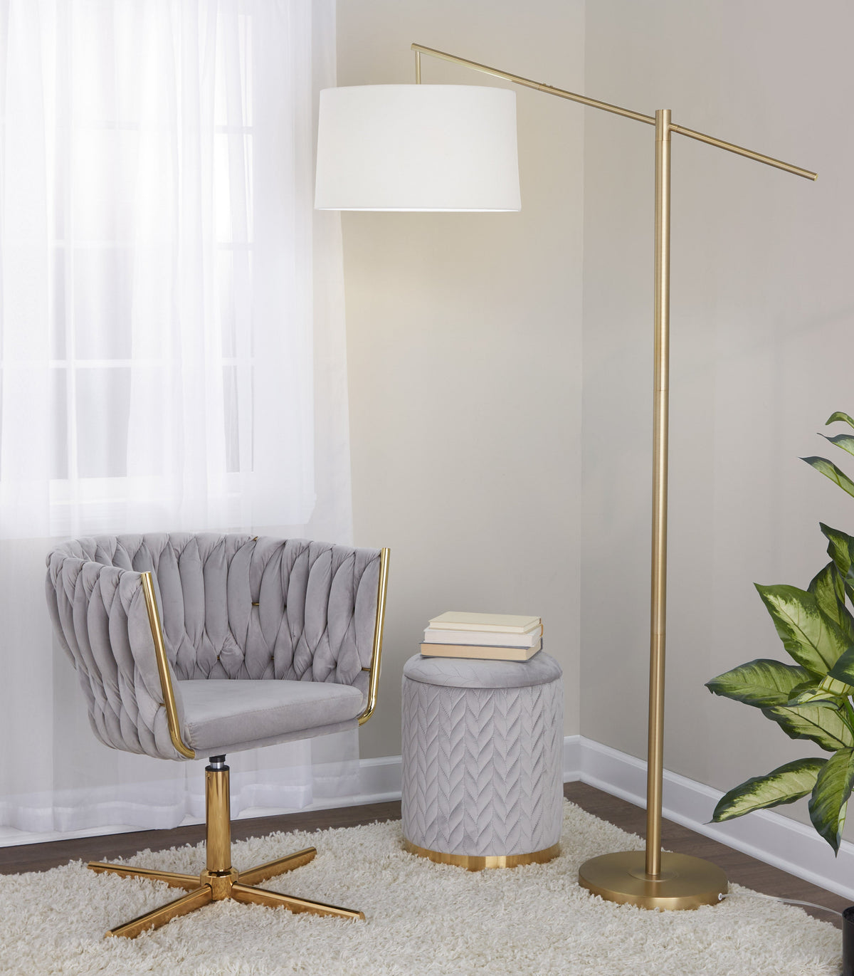 Casper 69" Contemporary Metal Floor Lamp in Gold Metal with Off-White Linen Shade from Grandview Gallery by LumiSource - Sonkuki