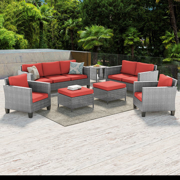 SONSUKI 7 Pieces Furniture Set with Loveseat Sofa, All-Weather PE Rattan Wicker Chair Set Patio Conversation Couch with Cushion