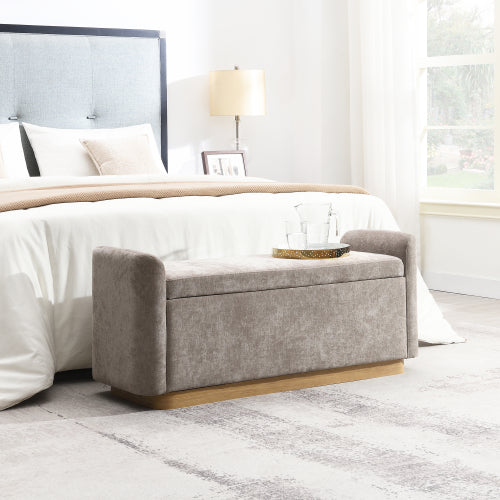 Chenille Storage Ottoman with Faux-Wood Base - main product image