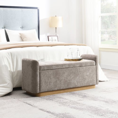 Chenille Storage Ottoman with Faux-Wood Base - Sonkuki