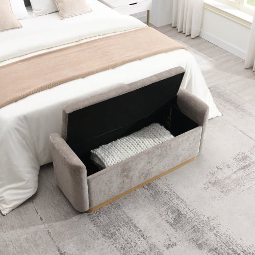 Chenille Storage Ottoman with Faux-Wood Base - Sonkuki
