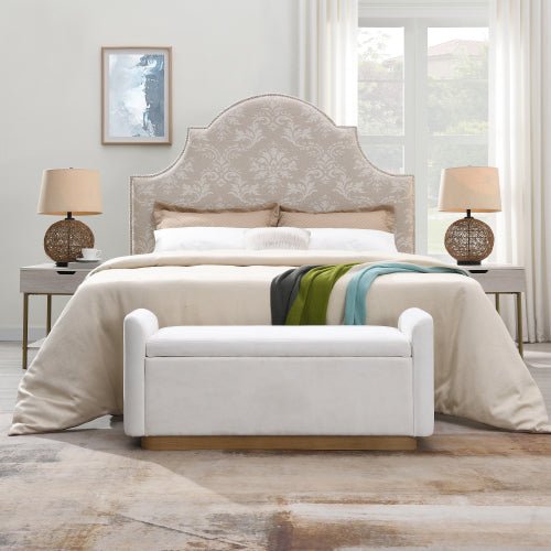 Chenille Storage Ottoman with Faux-Wood Base - Sonkuki