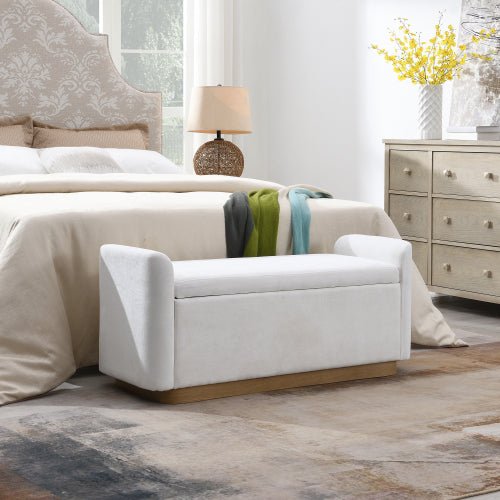Chenille Storage Ottoman with Faux-Wood Base - Sonkuki