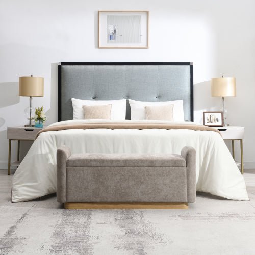 Chenille Storage Ottoman with Faux-Wood Base - Sonkuki