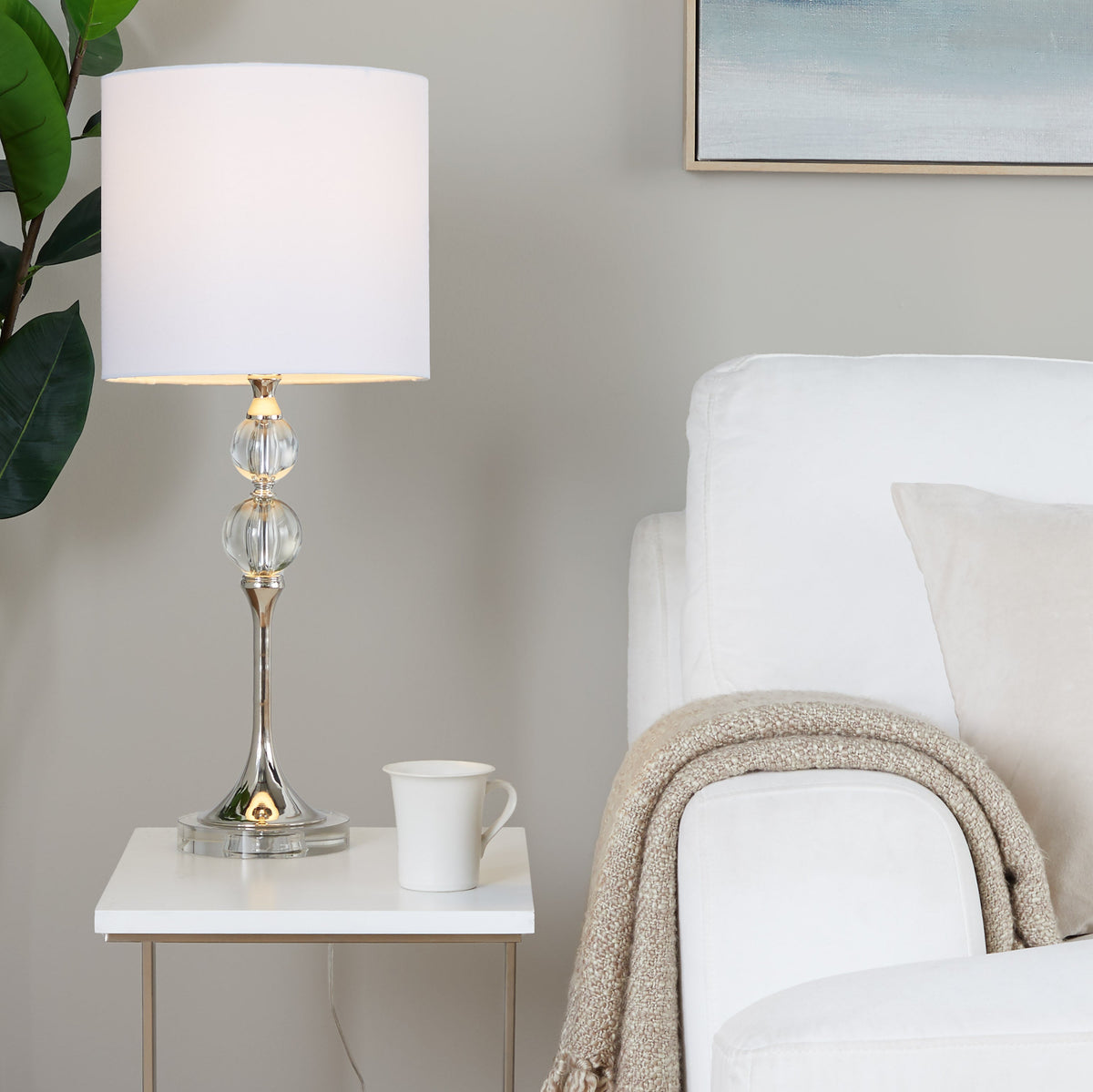 Clara 26" Contemporary Crystal Table Lamp in Clear Crystal and Polished Nickel with White Linen Shade from Grandview Gallery by LumiSource - Set of 2 - Sonkuki