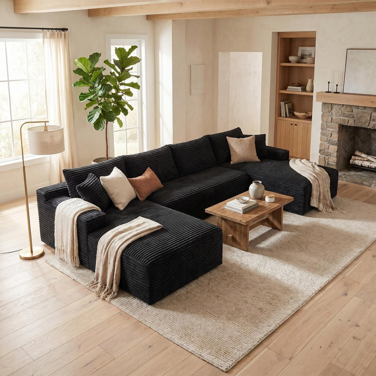 Compressible U-Shaped Sectional Sofa Set,Minimalist Style Modular Sectional Sofa, Corduroy Fabric Cloud Couch for Living Room - Sonkuki