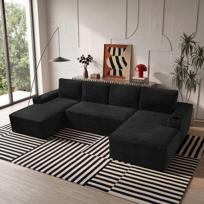 Compressible U-Shaped Sectional Sofa Set,Minimalist Style Modular Sectional Sofa, Corduroy Fabric Cloud Couch for Living Room - Sonkuki