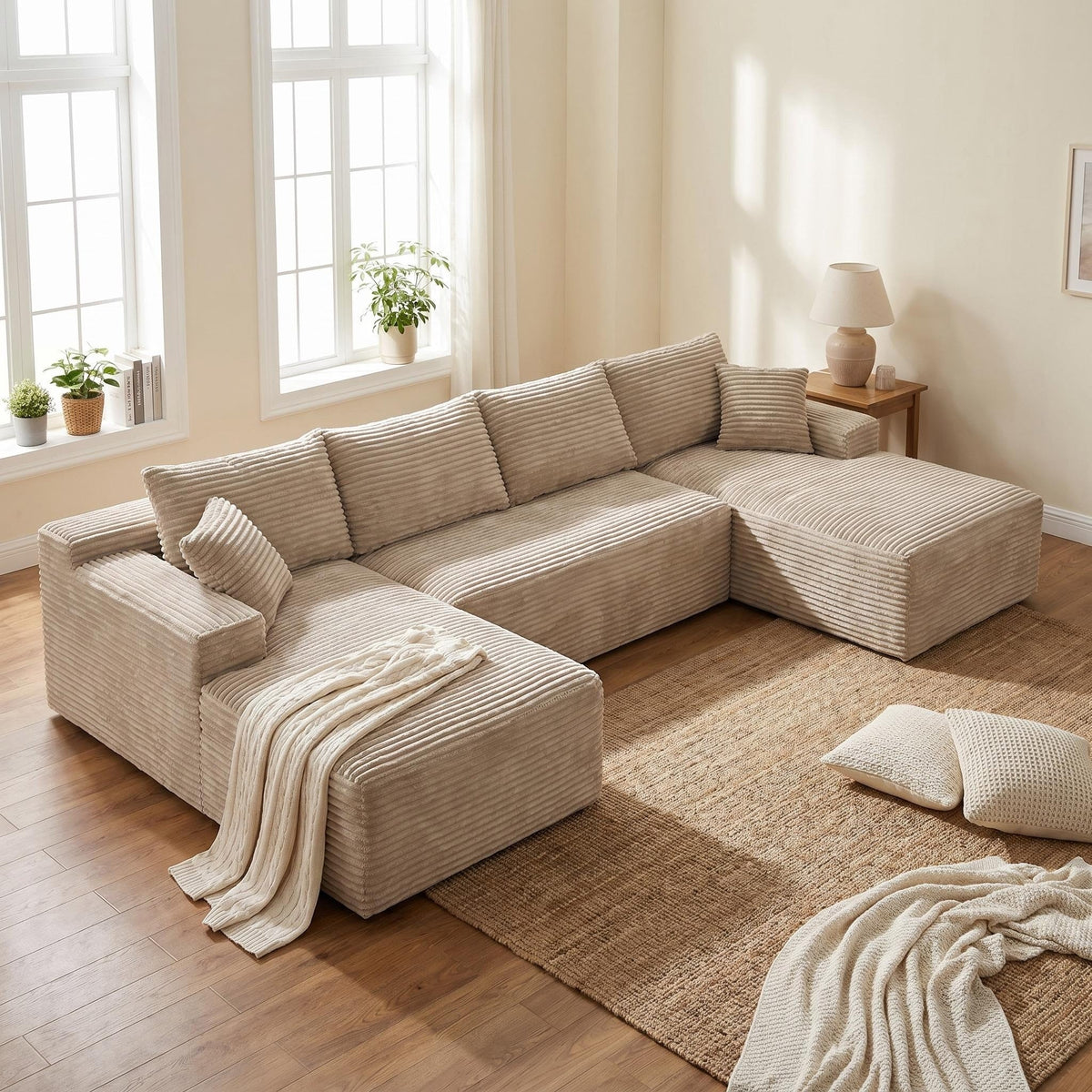 Compressible U-Shaped Sectional Sofa Set,Minimalist Style Modular Sectional Sofa, Corduroy Fabric Cloud Couch for Living Room - Sonkuki