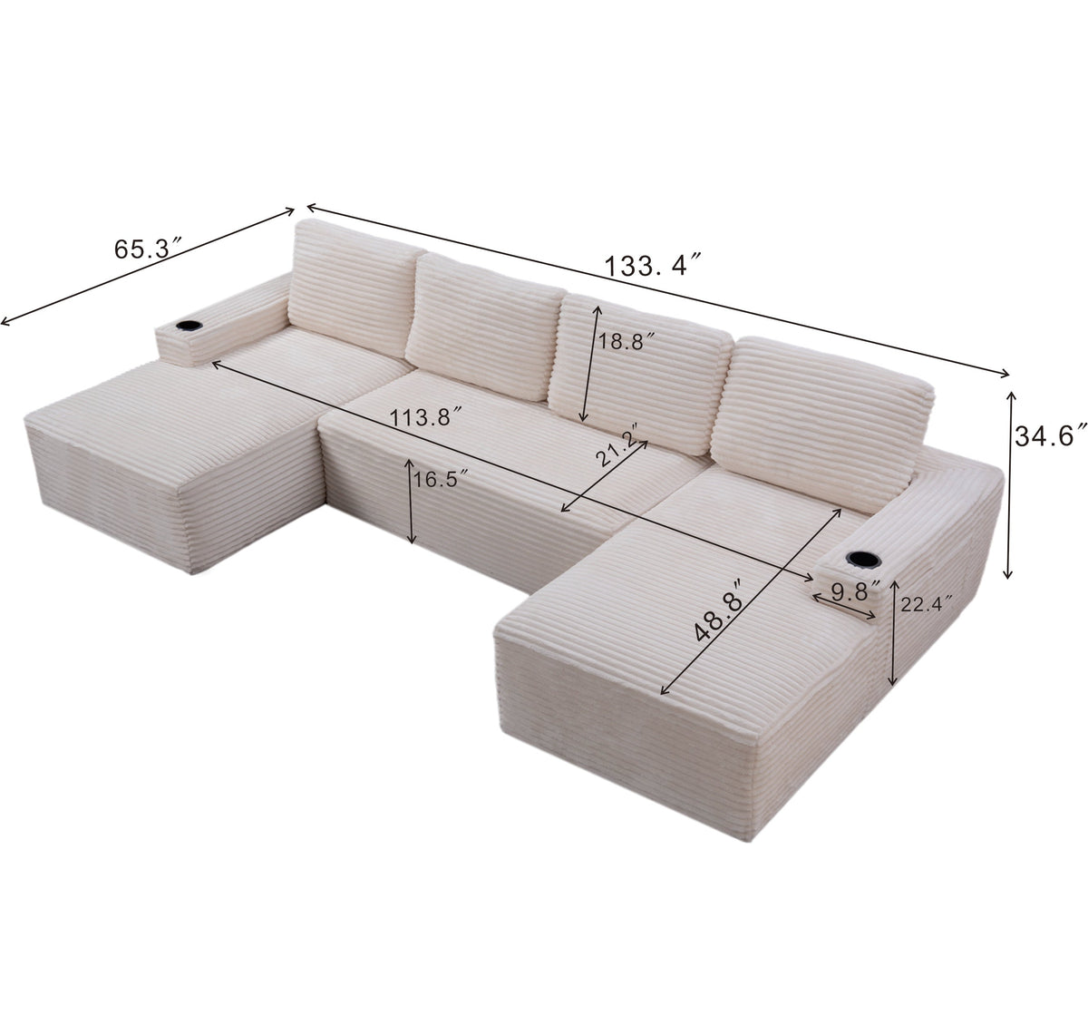 Compressible U-Shaped Sectional Sofa Set,Minimalist Style Modular Sectional Sofa, Corduroy Fabric Cloud Couch for Living Room - Sonkuki