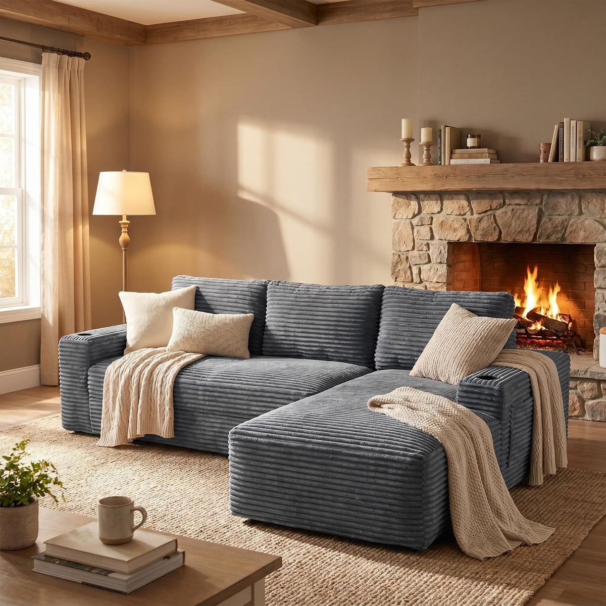 Compressible U-Shaped Sectional Sofa Set,Minimalist Style Modular Sectional Sofa, Corduroy Fabric Cloud Couch for Living Room - Sonkuki