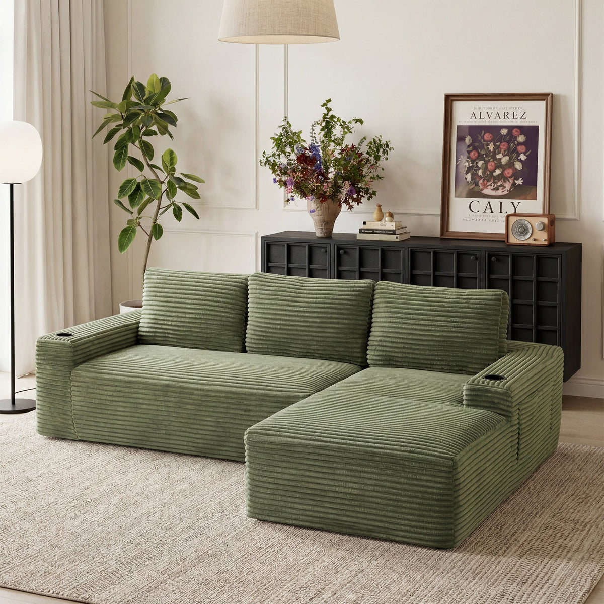 Compressible U-Shaped Sectional Sofa Set,Minimalist Style Modular Sectional Sofa, Corduroy Fabric Cloud Couch for Living Room - Sonkuki
