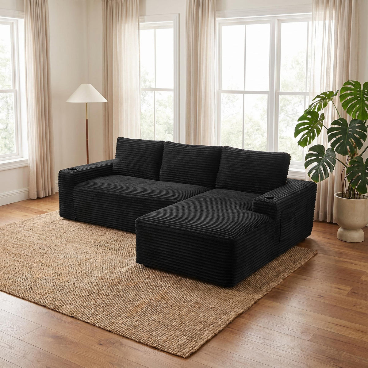 Compressible U-Shaped Sectional Sofa Set,Minimalist Style Modular Sectional Sofa, Corduroy Fabric Cloud Couch for Living Room - Sonkuki