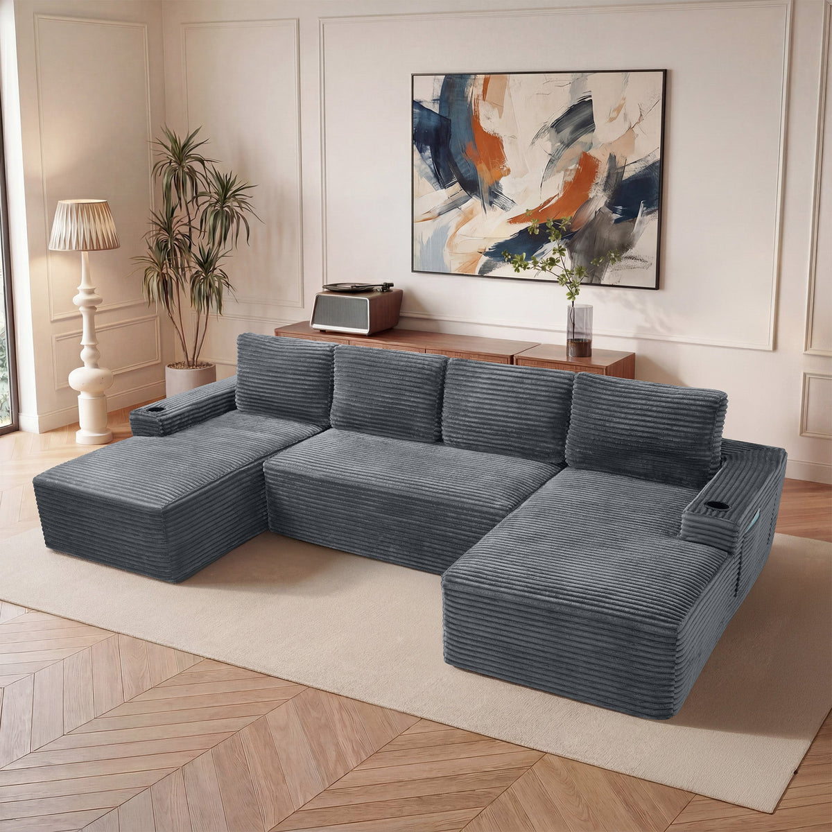 Compressible U-Shaped Sectional Sofa Set,Minimalist Style Modular Sectional Sofa, Corduroy Fabric Cloud Couch for Living Room - Sonkuki