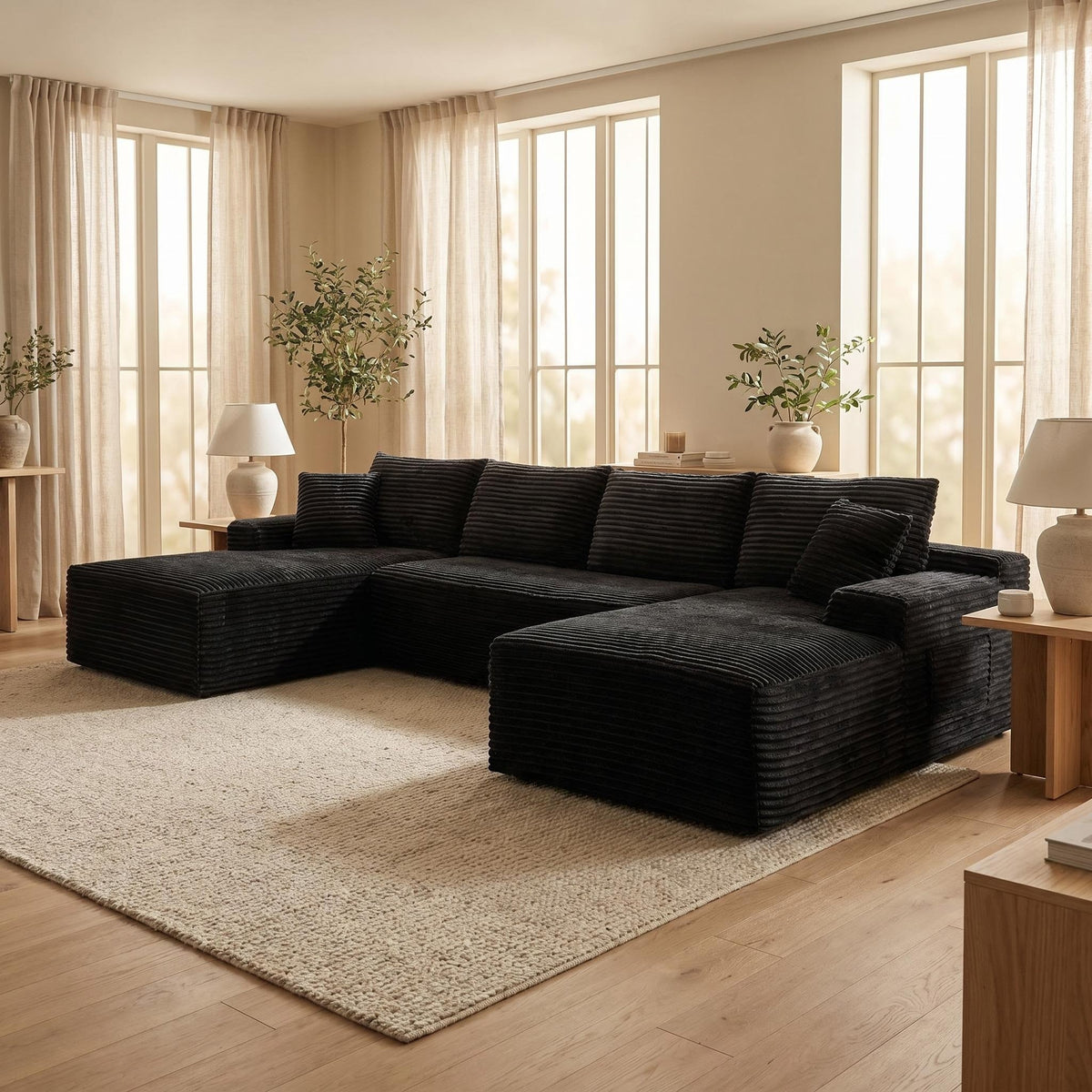 Compressible U-Shaped Sectional Sofa Set,Minimalist Style Modular Sectional Sofa, Corduroy Fabric Cloud Couch for Living Room - Sonkuki