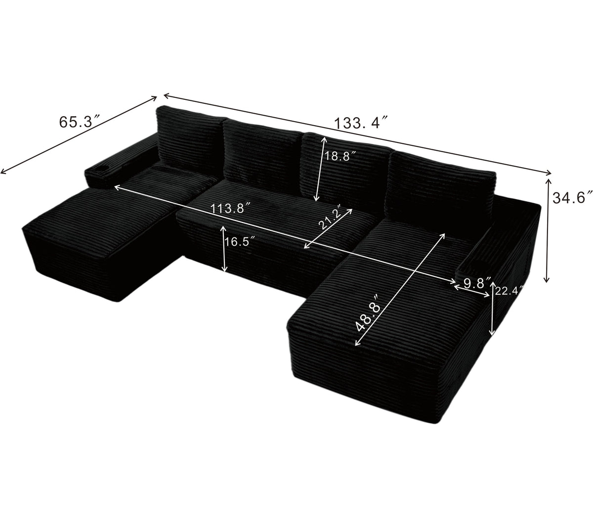 Compressible U-Shaped Sectional Sofa Set,Minimalist Style Modular Sectional Sofa, Corduroy Fabric Cloud Couch for Living Room - Sonkuki