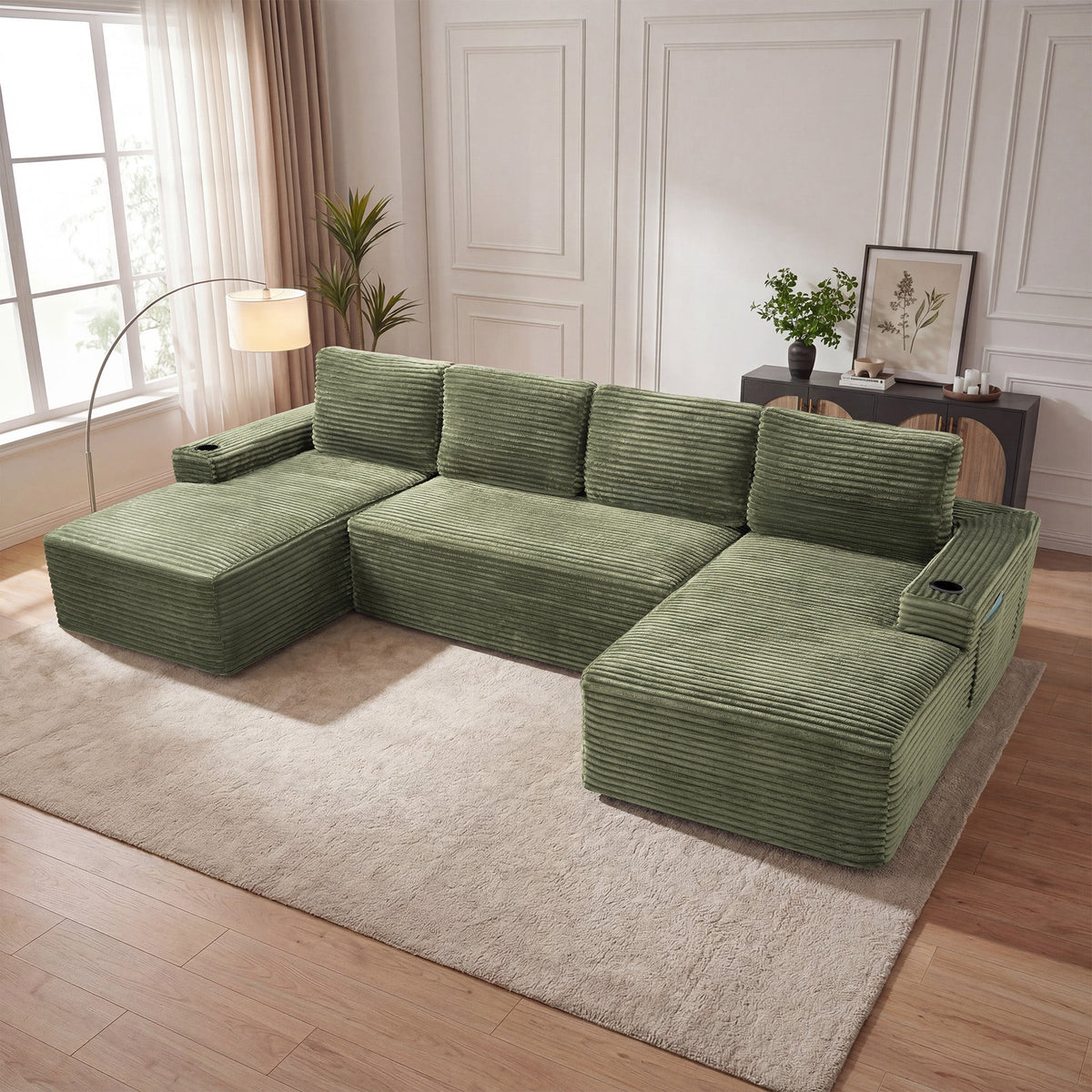 Compressible U-Shaped Sectional Sofa Set,Minimalist Style Modular Sectional Sofa, Corduroy Fabric Cloud Couch for Living Room - Sonkuki