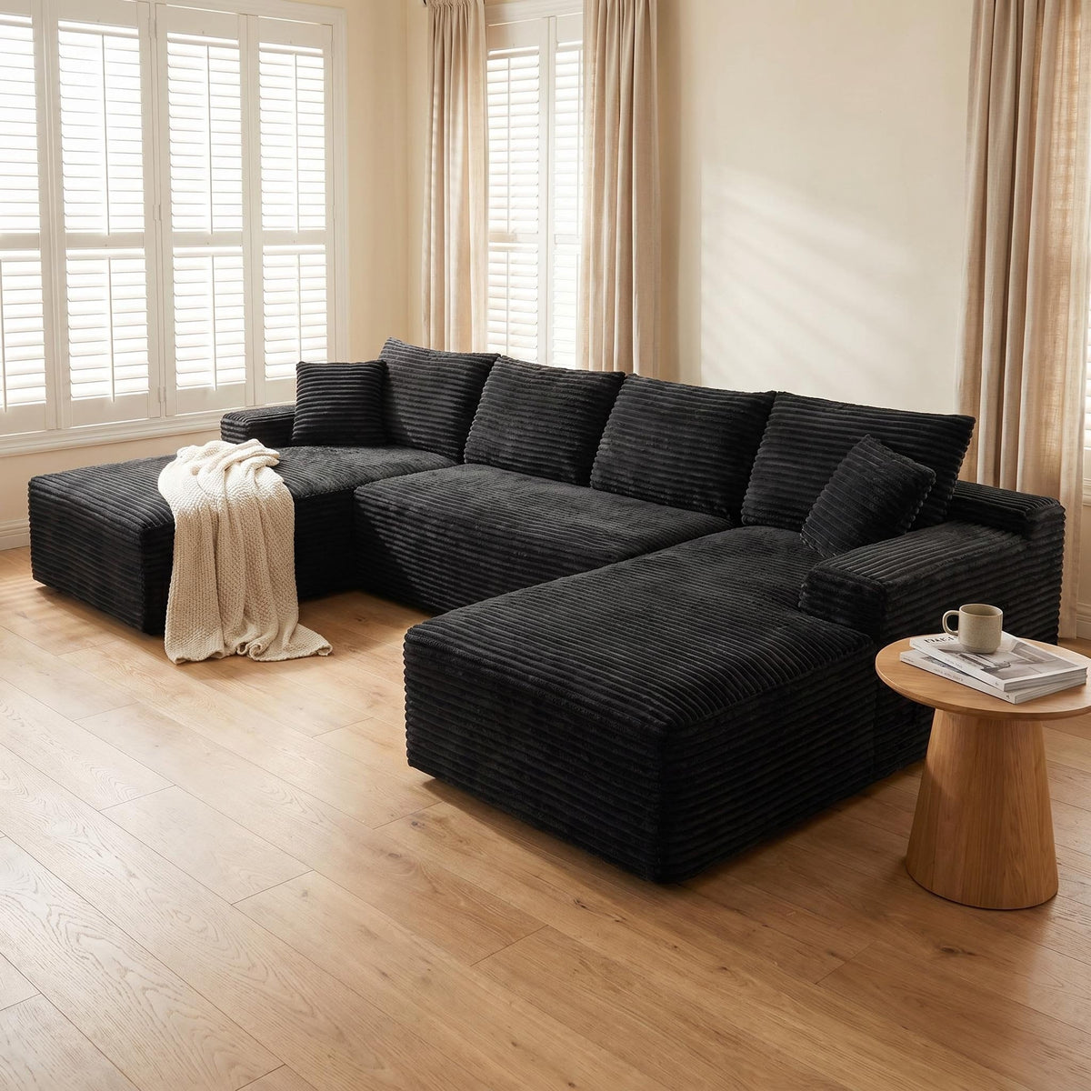 Compressible U-Shaped Sectional Sofa Set,Minimalist Style Modular Sectional Sofa, Corduroy Fabric Cloud Couch for Living Room - Sonkuki