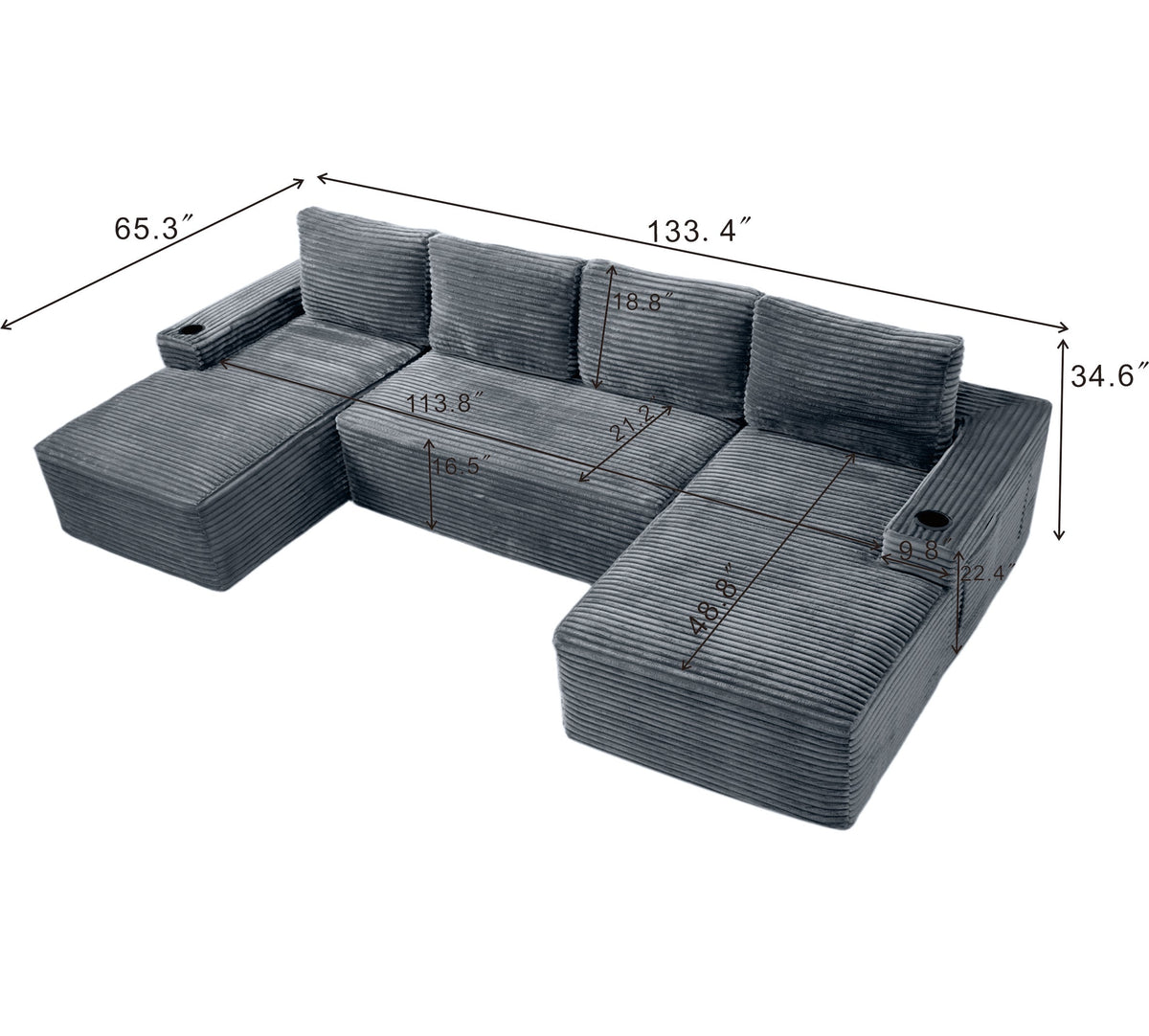 Compressible U-Shaped Sectional Sofa Set,Minimalist Style Modular Sectional Sofa, Corduroy Fabric Cloud Couch for Living Room - Sonkuki