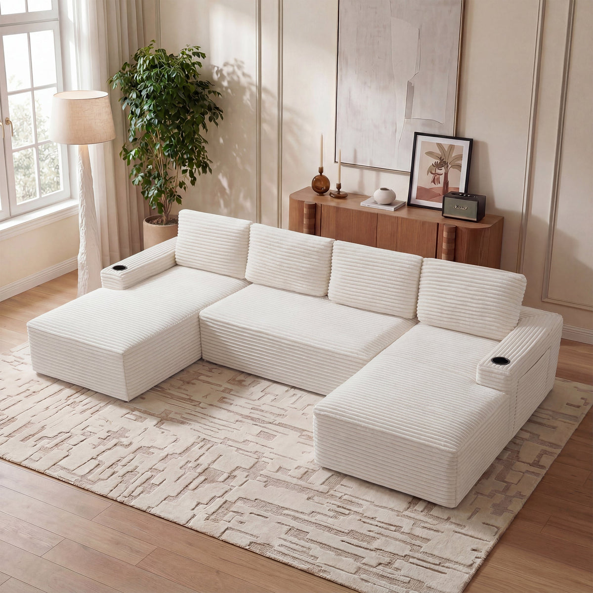 Compressible U-Shaped Sectional Sofa Set,Minimalist Style Modular Sectional Sofa, Corduroy Fabric Cloud Couch for Living Room - Sonkuki
