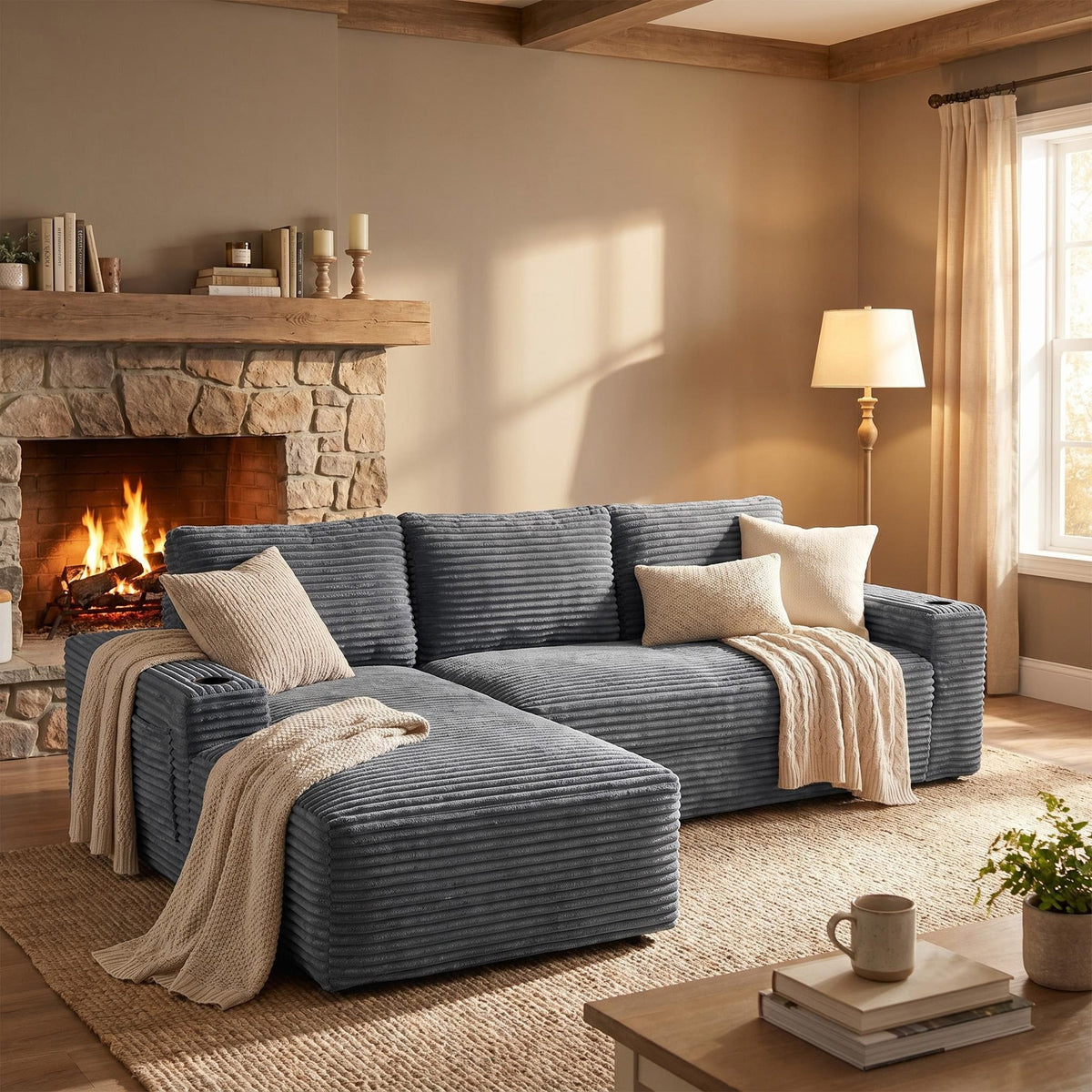 Compressible U-Shaped Sectional Sofa Set,Minimalist Style Modular Sectional Sofa, Corduroy Fabric Cloud Couch for Living Room - Sonkuki