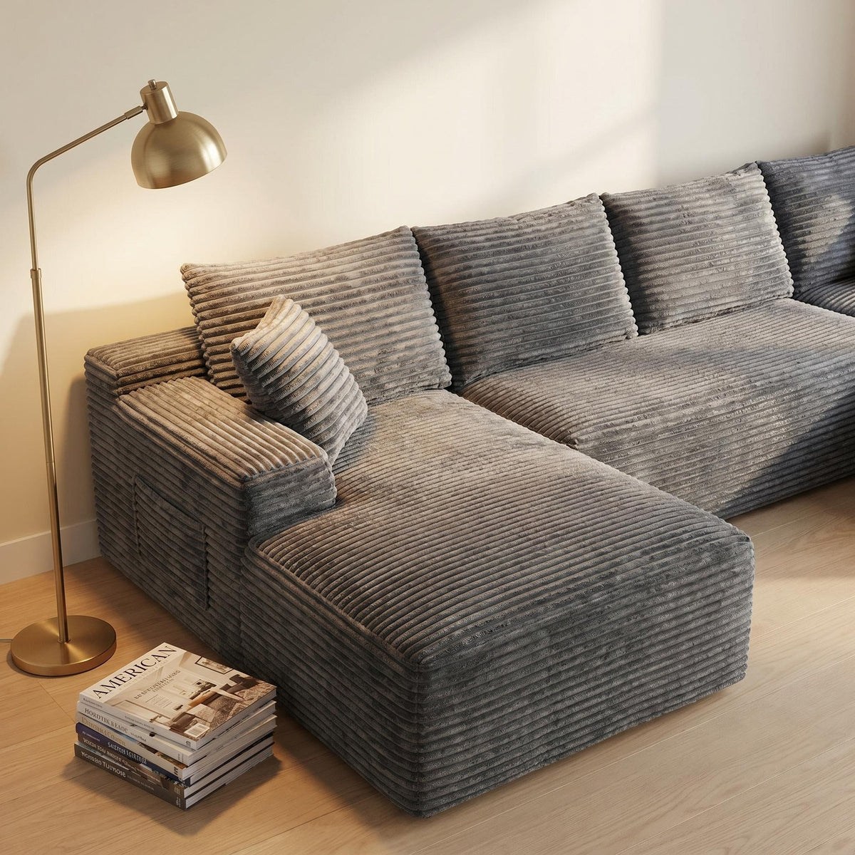Compressible U-Shaped Sectional Sofa Set,Minimalist Style Modular Sectional Sofa, Corduroy Fabric Cloud Couch for Living Room - Sonkuki