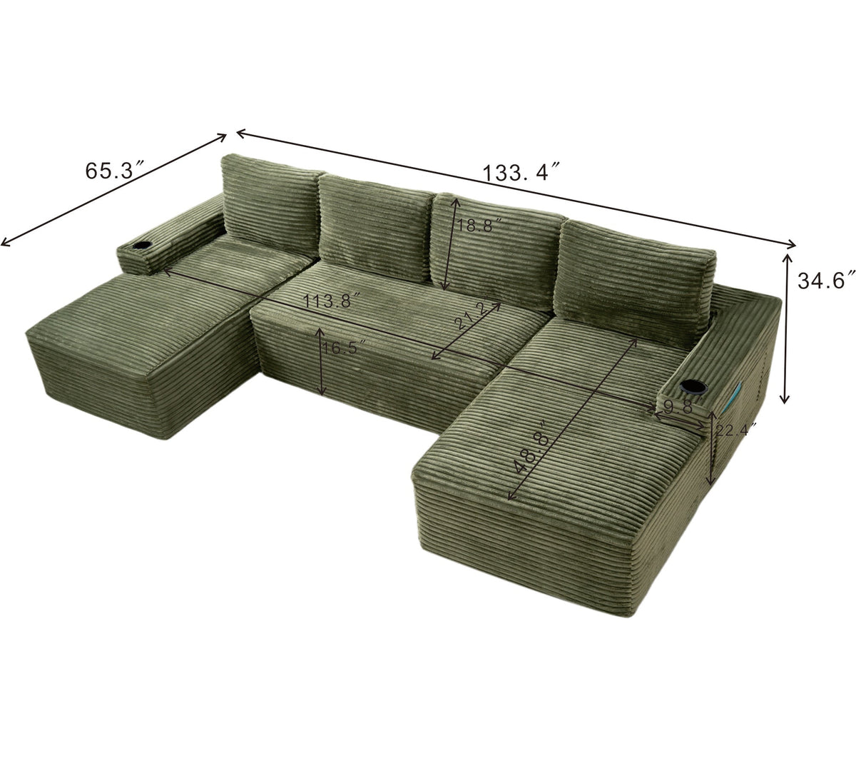 Compressible U-Shaped Sectional Sofa Set,Minimalist Style Modular Sectional Sofa, Corduroy Fabric Cloud Couch for Living Room - Sonkuki