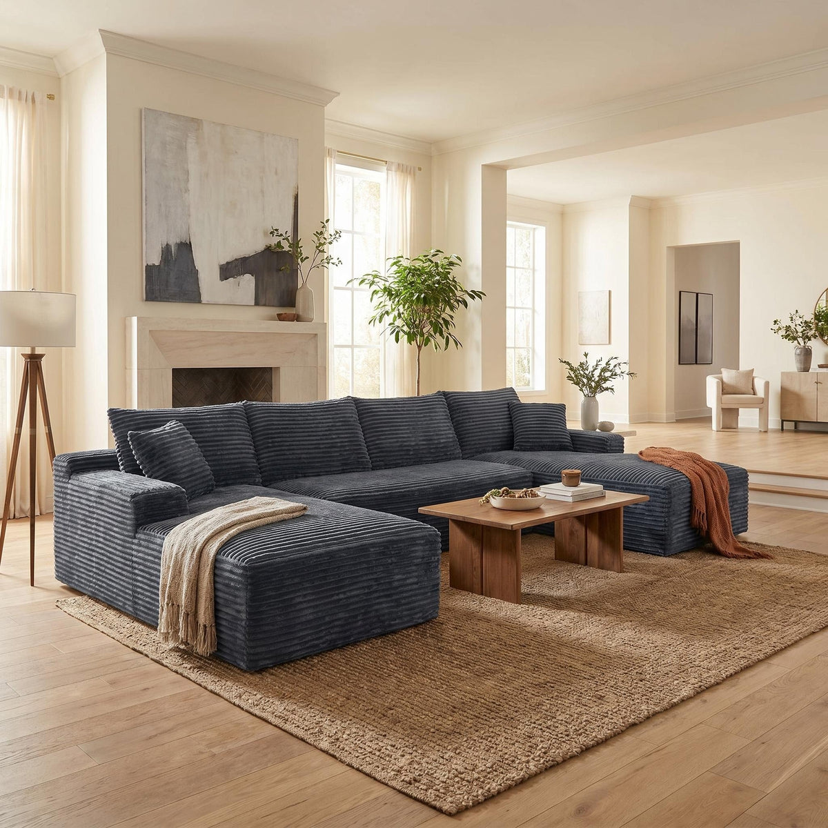 Compressible U-Shaped Sectional Sofa Set,Minimalist Style Modular Sectional Sofa, Corduroy Fabric Cloud Couch for Living Room - Sonkuki
