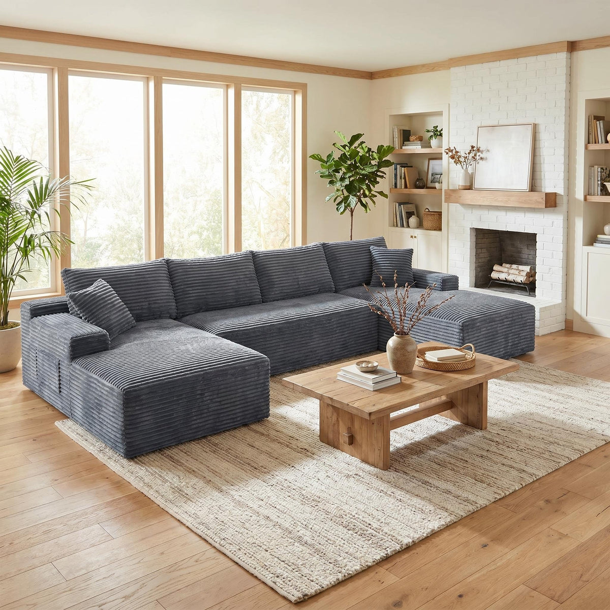 Compressible U-Shaped Sectional Sofa Set,Minimalist Style Modular Sectional Sofa, Corduroy Fabric Cloud Couch for Living Room - Sonkuki
