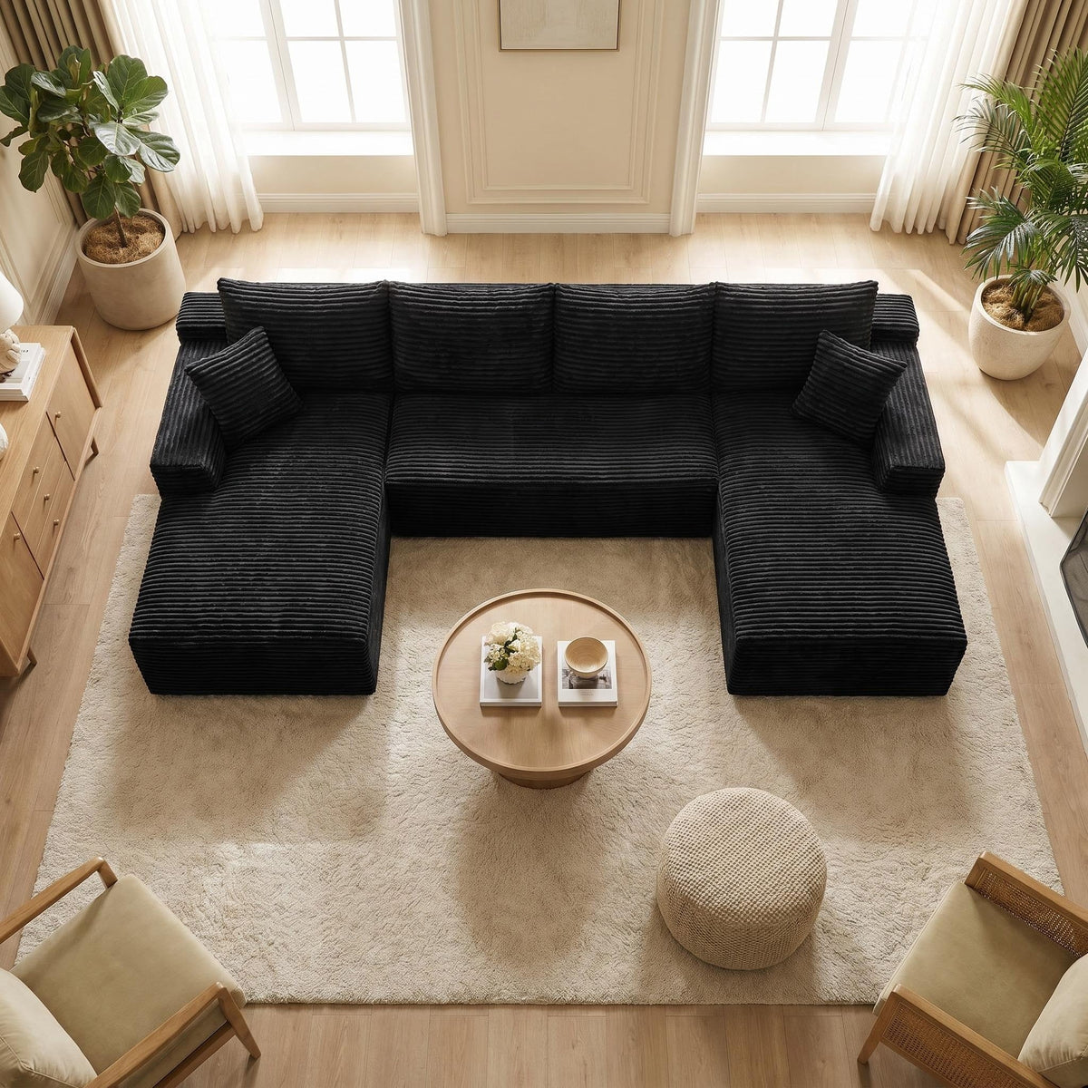 Compressible U-Shaped Sectional Sofa Set,Minimalist Style Modular Sectional Sofa, Corduroy Fabric Cloud Couch for Living Room - Sonkuki